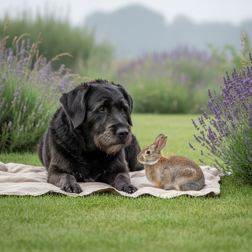An outdoor garden scene where a charcoal-coated rescue dog and a small rabbit share space on a manicured, dewy lawn bordered by wild grasses and lavender. The dog lies on a natural linen blanket, its expressive eyes slightly turned toward the rabbit, who is sniffing the air near the edge of the fabric. Early morning overcast light creates soft, even illumination that preserves every subtle fur texture without harsh shadows. Shot with a low-angle, slightly off-center composition, the background dissolves into a smooth, pastel-toned bokeh of foliage. The atmosphere feels intimate, respectful, and unposed, suggesting trust and calm coexistence between species, rendered in elegant, natural photographic realism.
