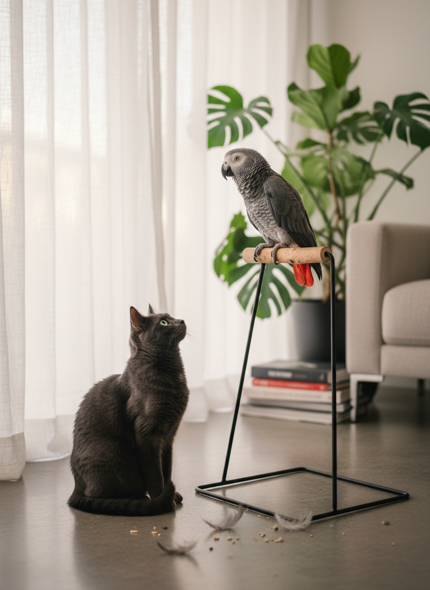An intimate corner of a plant-filled apartment where a sleek, dark gray cat observes an African gray parrot perched high on a minimalist metal stand. The stand rises from a smooth concrete floor scattered with a few fallen feathers and tiny seeds, adding subtle narrative detail. Soft midday light slips through sheer curtains, diffused evenly across the scene, preserving every delicate feather texture and the cat’s glossy coat without harsh contrasts. Composed with an upward-leaning diagonal line from cat to bird, the framing emphasizes respectful distance rather than pursuit. The background is tastefully blurred with hints of leafy plants and neutral furniture. The mood is observant, elegant, and slightly playful, captured in clean, modern photographic realism suitable for a sophisticated urban portfolio.