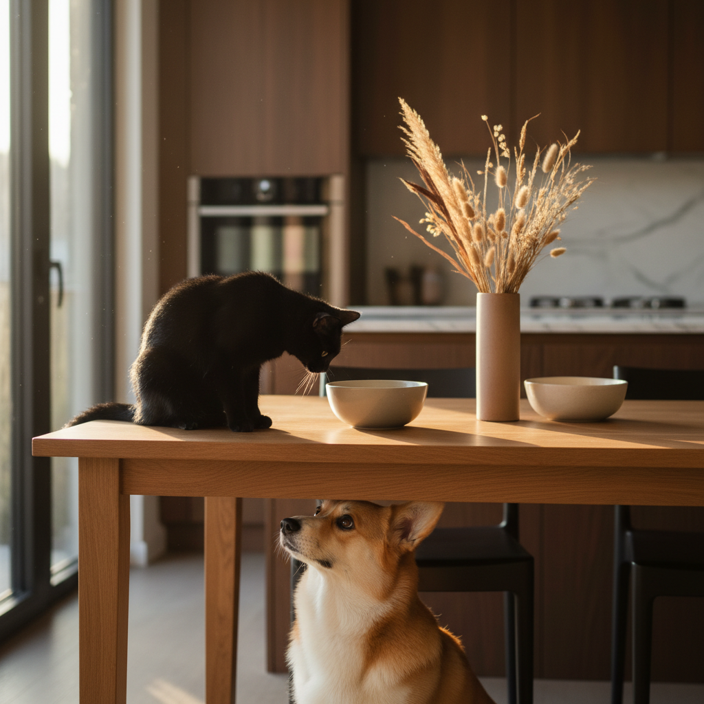 A refined kitchen-dining area where a sleek black cat balances gracefully on a warm oak dining table, nose gently reaching toward a curious, tan-and-white corgi sitting below. The table is set simply with neutral ceramic bowls and a single vase holding dried grasses, echoing the sophisticated earthy palette. Golden hour light streams through a large side window, catching dust motes in the air and outlining the cat’s whiskers and the dog’s ears with a delicate rim light. Shot at eye level with a moderate depth of field, the animals remain in crisp focus while the background cabinetry softens into a subtle blur. The atmosphere feels intimate, candid, and stylishly lived-in, captured in elegant, contemporary photographic realism.