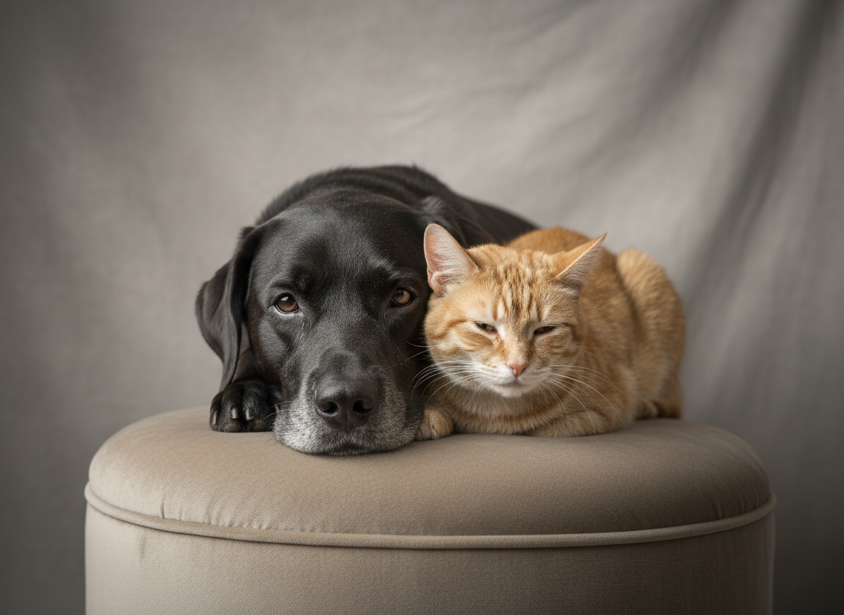 A thoughtfully styled studio portrait of two senior animals—a graying black Labrador and an aging ginger cat—resting together on a low, taupe-colored velvet ottoman against a soft, textured dove-gray backdrop. The dog’s muzzle shows distinct white hairs, and the cat’s whiskers are slightly bent, celebrating their age with dignity. Gentle, diffused studio lighting from a large softbox creates smooth, flattering highlights across their fur and minimizes shadows. Captured straight-on at eye level with a shallow depth of field, all focus is drawn to their relaxed expressions and physical proximity. The palette is muted and elegant, emphasizing timelessness and emotional depth. The overall style is classic, fine-art photographic realism, perfect for a sophisticated portfolio celebrating lifelong bonds.