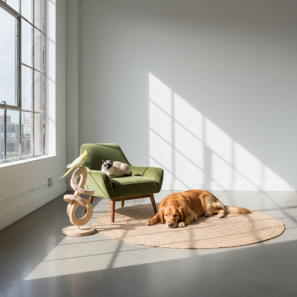 Inside a sunlit studio with smooth concrete floors and white walls, a small group of varied companion animals—an elegant Siamese cat, a golden retriever, and a cockatiel perched on a sculptural wooden stand—occupy the space at their own pace. The cat sits on a low, mid-century style armchair upholstered in moss-green velvet, while the dog lies nearby on a woven jute rug. Late afternoon light pours in from a large floor-to-ceiling window, creating soft, directional highlights and long, delicate shadows that emphasize texture and form without overwhelming them. Photographed in clean, editorial photographic realism with a slightly elevated angle and generous negative space, the mood is refined, modern, and unhurried, celebrating each animal’s individuality without forced interaction.