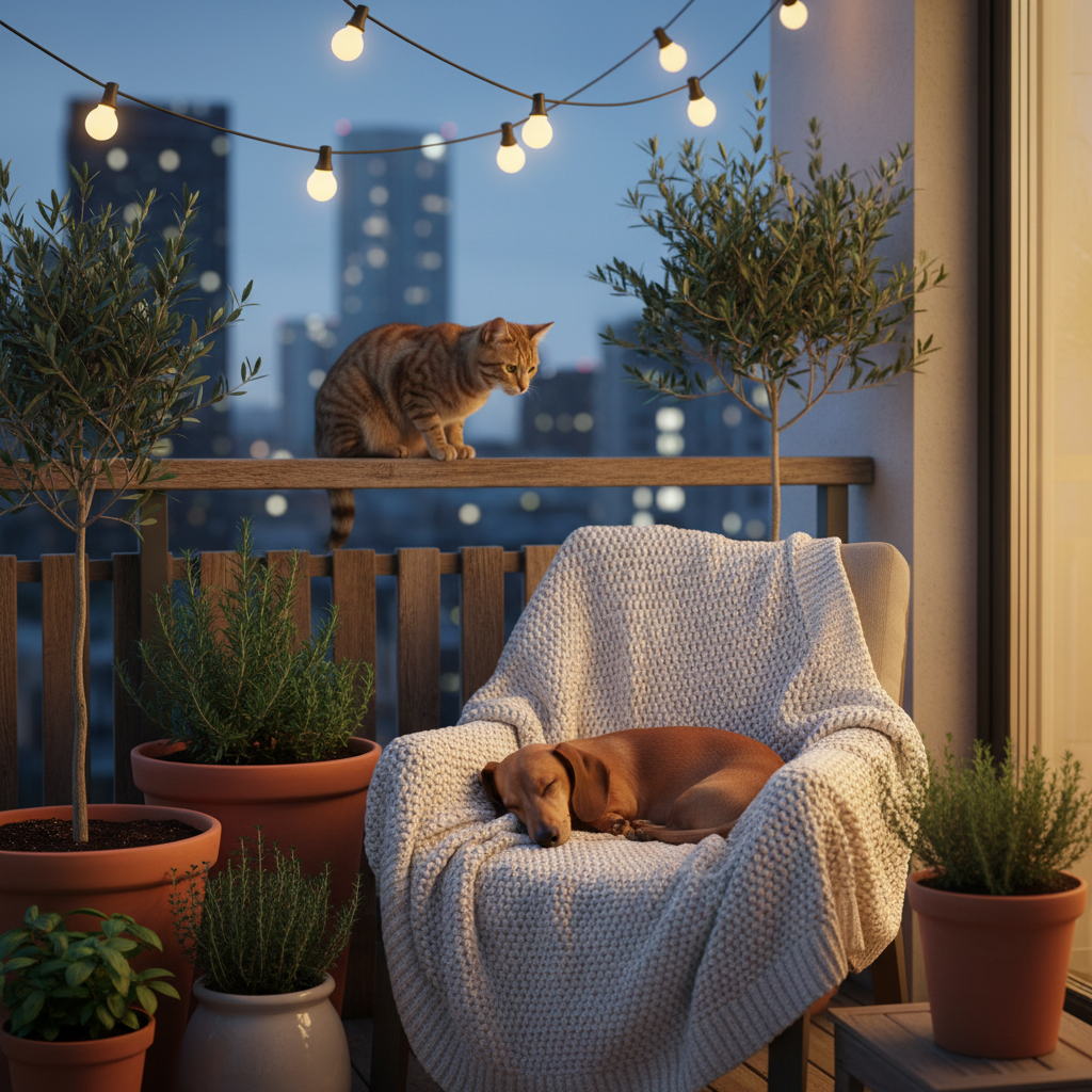 A calm urban balcony oasis at twilight where a tabby cat watches over a small, curled-up dachshund resting on a thick, cream-colored knit blanket. Potted olive trees and terracotta planters filled with herbs frame the scene, while soft string lights overhead create warm, circular bokeh in the background. The last cool blue light of the evening mingles with the amber glow from indoors, producing a sophisticated mix of tones that gently illuminates fur and fabric without harsh contrast. The photograph is composed from a slightly elevated angle, using the rule of thirds to highlight the animals’ quiet connection with the city skyline subtly blurred beyond. The mood is contemplative, intimate, and modern, rendered in cinematic, realistic detail.